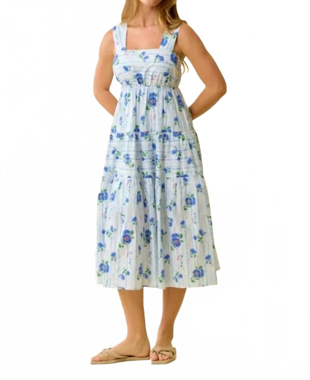 NEW DOE AND RAE floral print smocked tiered midi dress in blue